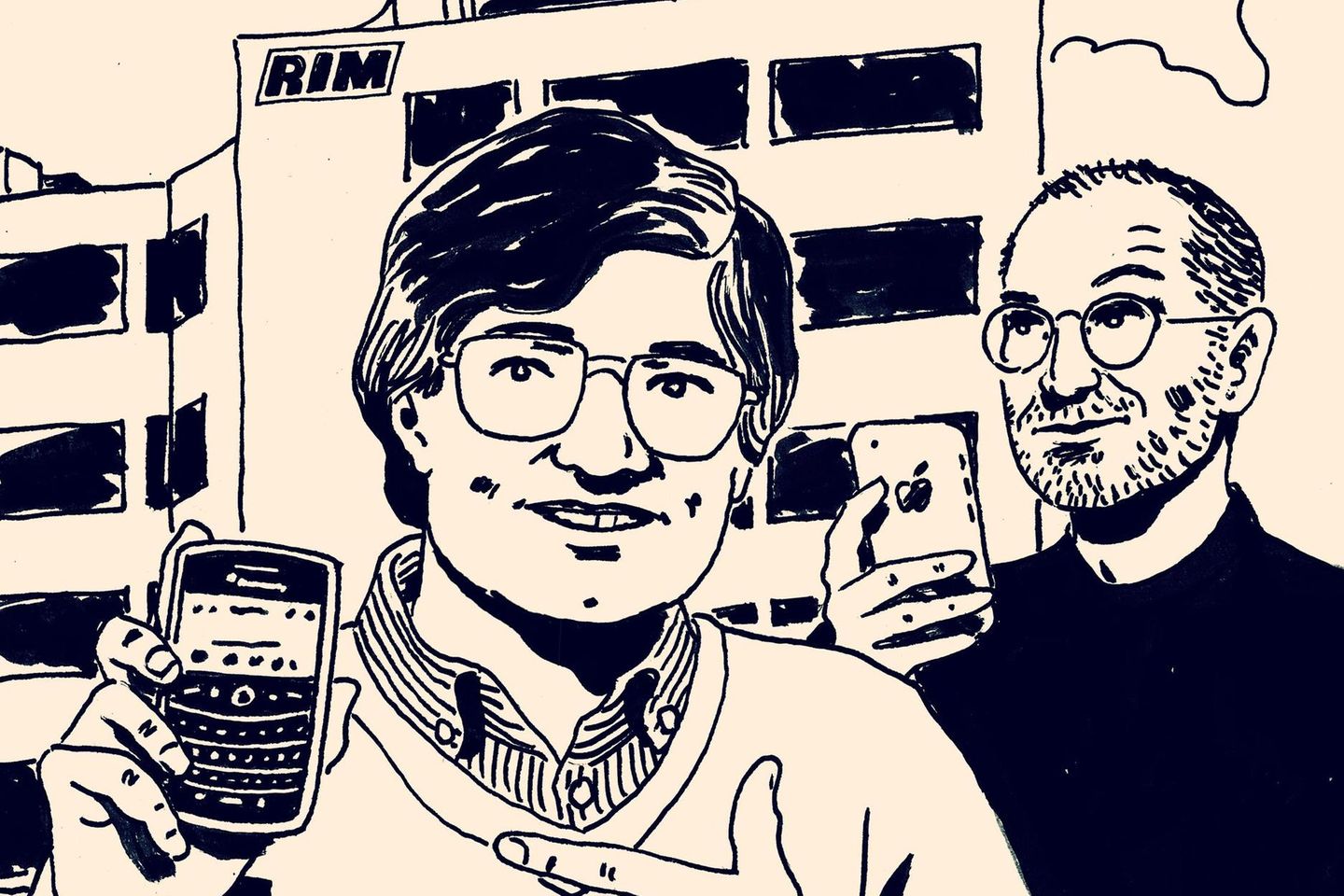 Mike Lazaridis hält einen Blackberry in der Hand, während Steve Jobs im Hintergrund steht