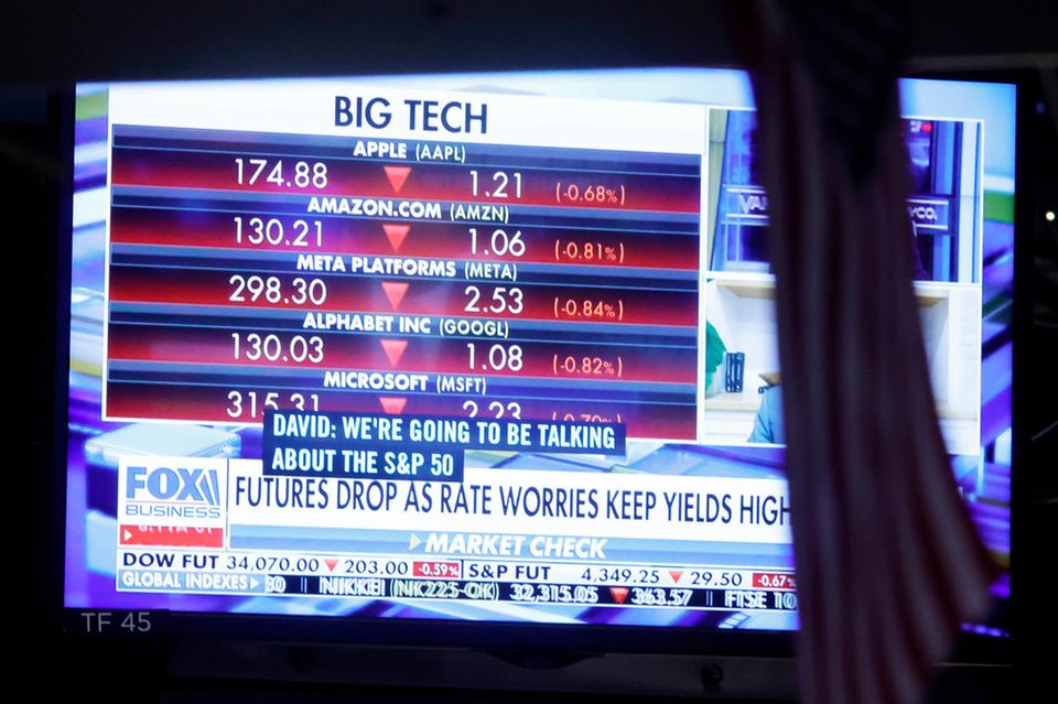 Auf einem Monitor sind die Aktienkurse großer Techunternehmen zu sehen