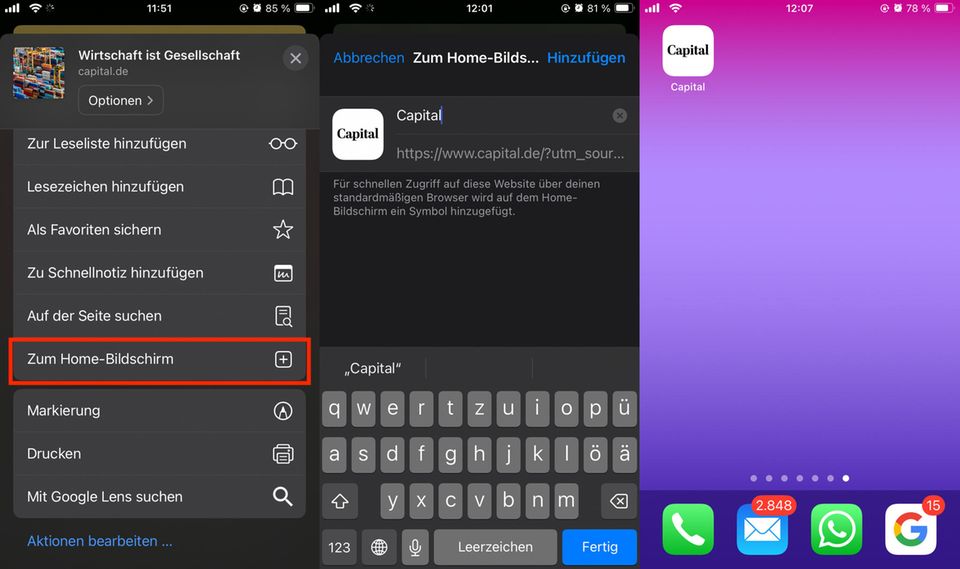 Schnellzugriff: So platzieren Sie Capital auf Ihrem Homescreen