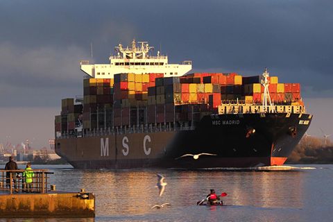 Ein MSC-Containerschiff im Hamburger Hafen