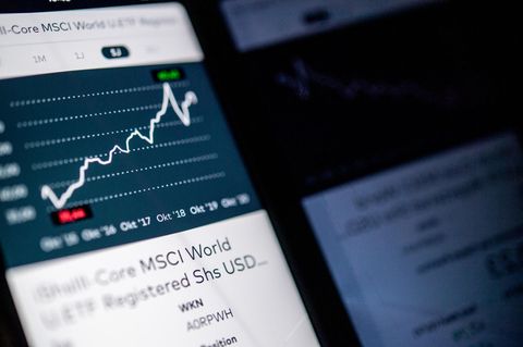 Smartphone mit dem Kursverlauf des MSCI World Index