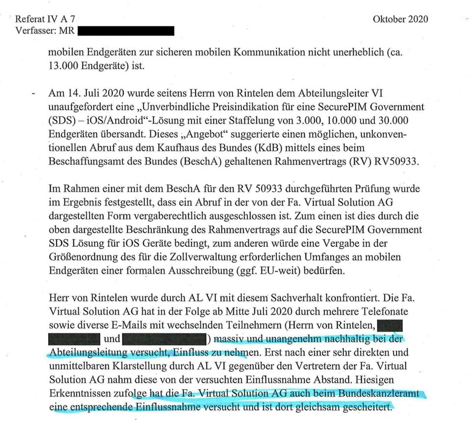 In einem Vermerk aus dem Oktober 2020 berichteten Beamte im Finanzministerium über aggressive Versuche von Virtual Solution, Einfluss auf Aufträge zu nehmen. Diese Informationen erreichten auch den damaligen Staatssekretär Wolfgang Schmidt (Hervorhebung durch die Redaktion)