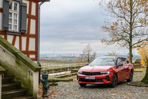 Rotes Auto parkt neben einem Baum vor einem Haus