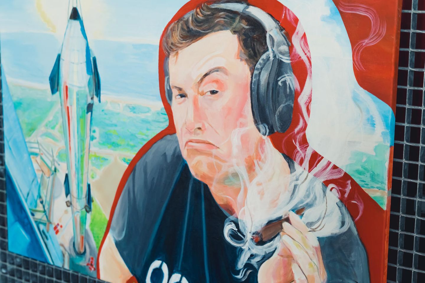 Kollage-Kunst von Elon Musk beim Rauchen eines großen Joints