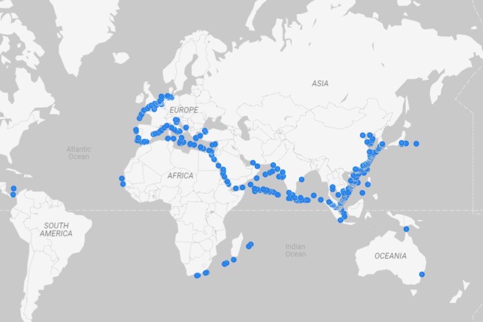Anfang Dezember 2023 war der Weg über das Rote Meer, durch den Suezkanal und das Mittelmeer noch klar die bevorzugte Route zwischen Europa und Asien