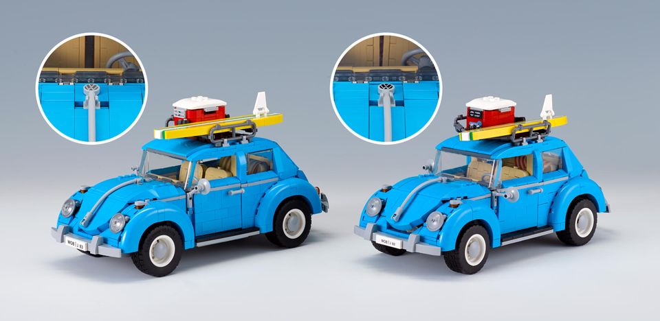 Der VW Käfer ist in der EU als 3D-Marke geschützt und auch das VW-Logo im Kreis steht weltweit unter Markenschutz. Die Firma GDR-Trading aus den Niederlanden hat mit ihrem Plagiat-Bausatz (rechts) dagegen verstoßen. Die Fakes seien mit Fotos der Originalbausätze sowie mit dem Hinweis „dass das fertige Modell originalgetreu aussieht“, beworben worden, so die Aktion Plagiarius. Geliefert wurden die Bausätze in Plastiktüten, sie kosteten zum Teil nur die Hälfte des lizensierten Produkts von Lego. GDR hat mittlerweile eine Unterlassungserklärung unterschrieben.