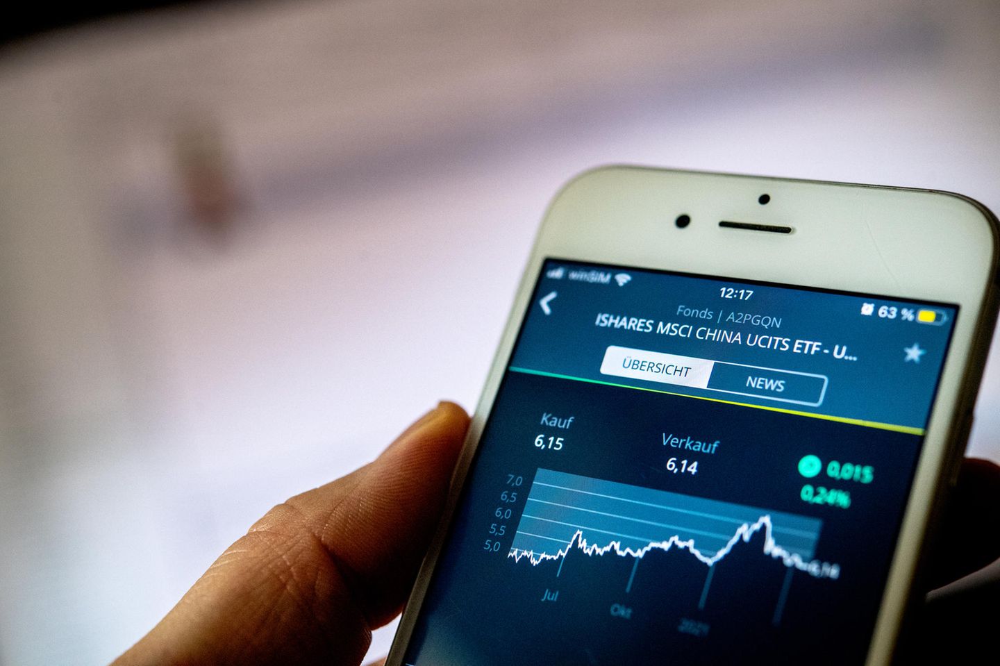 Ein Mann hält ein Smartphone in der Hand auf dem die Kurse der China-ETF zu sehen sind