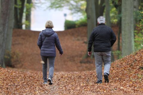 Ein älteres Paar spaziert im Wald