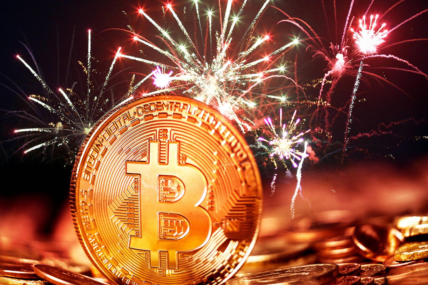 Bitcoin mit Feuerwerk