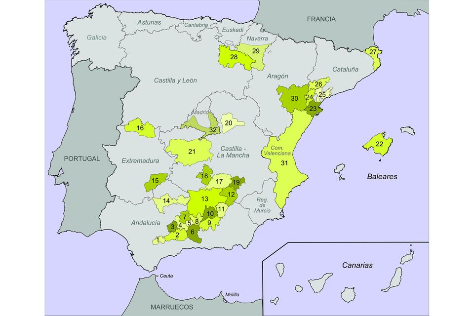 Anbaugebiete für Oliven in Spanien