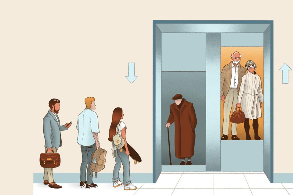 Illustration: Junge und alte menschen verwenden einen Aufzug