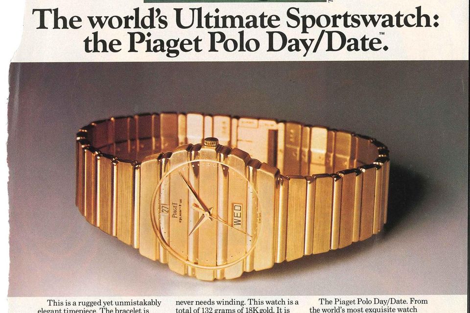 Auf einer Anzeigenseite von 1983 bewarb Piaget die goldene „Polo Day/Date“ als „ultimative Sportuhr“