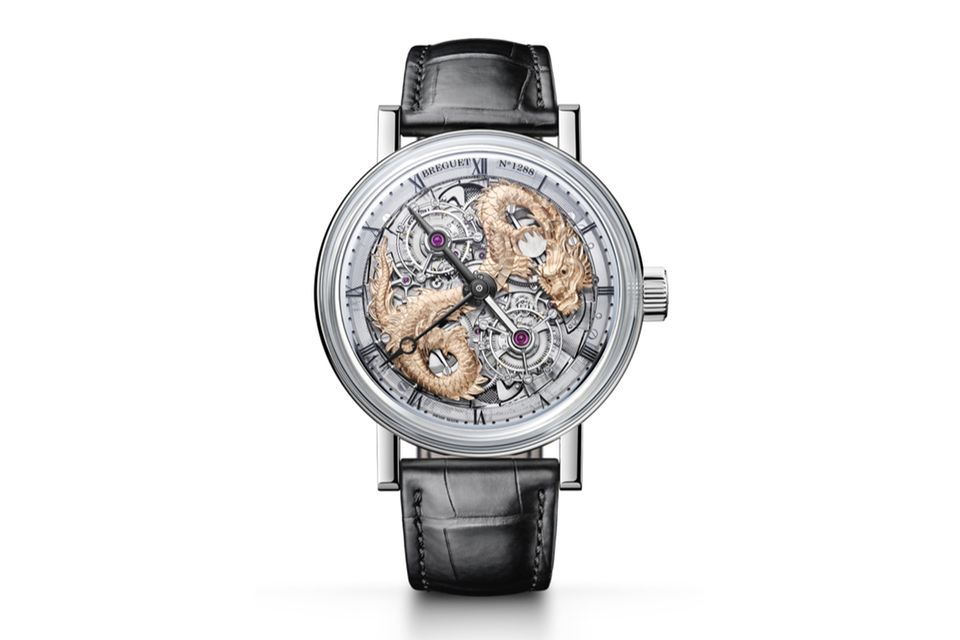 „Classique Grande Complication Ref. 5345PT“; 738-teiliges Werk mit Handaufzug und Doppel-Tourbillon; goldene Federhausbrücken mit Drachengravur; Platin 950; Durchmesser: 46 mm; Preis auf Anfrage; breguet.com