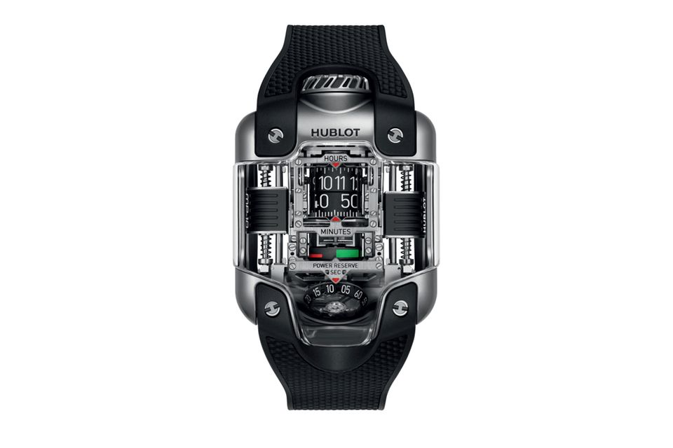 „MP-10 Tourbillon Weight Energy System Titanium“; Werk HUB9013 mit 592 Teilen; vier drehende Anzeigen statt Zeiger; Alublock-Tourbillon; glasperlgestrahltes Titan; Maße: 54.1 x 41.5 mm; circa 286 000 Euro; hublot.com
