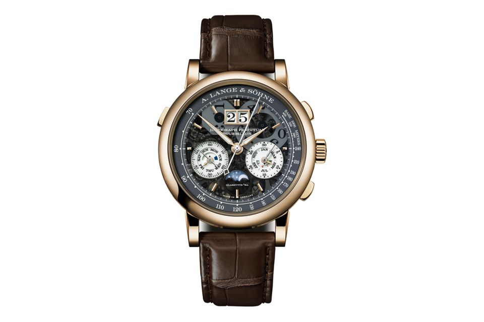 „Datograph Perpetual Tourbillon Honeygold Lumen“; Werk L952.4 mit Flyback-Chronograph und ewigem Kalender; halbtransparentes (Leucht-) Zifferblatt; Durchmesser: 41,5 mm; Preis auf Anfrage; alange-soehne.com