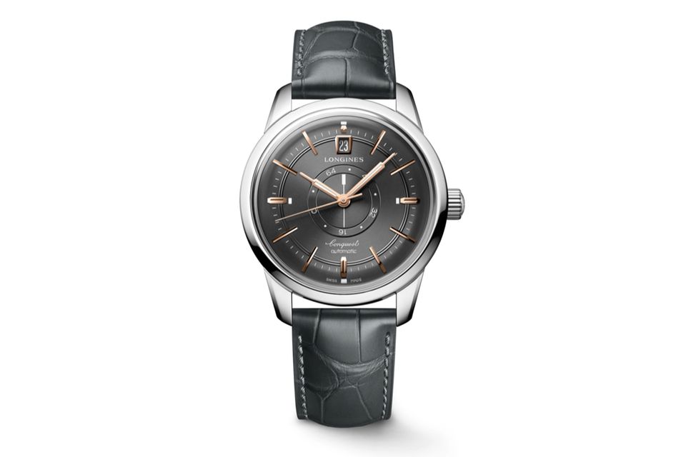 „Conquest Heritage Central Power Reserve“; zum 70. Jubiläum der Kollektion; Kaliber L896.5; mittige Gangreserveanzeige; Edelstahl; Durchmesser: 38 mm; circa 4 200 Euro; longines.com