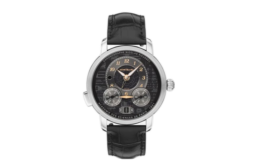 „Star Legacy Nicolas Rieussec Chronograph Meisterstück 100 Years“; inspiriert vom berühmten Füllfederhalter; Zifferblatt mit Leuchtdruck; Edelstahl; Durchmesser: 43 mm; circa 8 900 Euro; montblanc.com