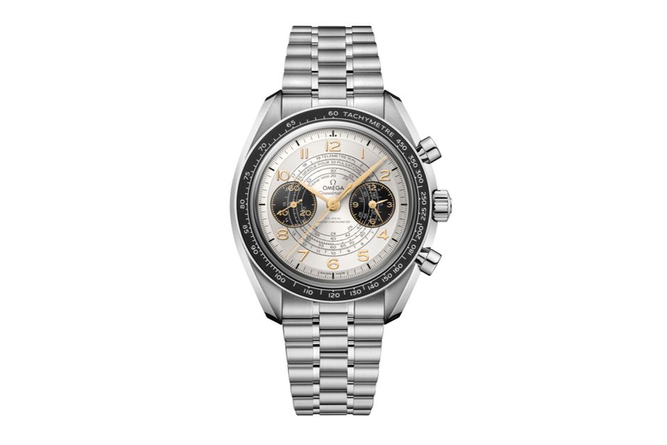 „Speedmaster Chronoscope Paris 2024“; Co-Axial Master Chronometer Werk 9908; Zifferblatt im 1940er-Look; Zahlen aus Moonshine- Gold; Edelstahl; Durchmesser: 43 mm; circa 10 700 Euro; omegawatches.com