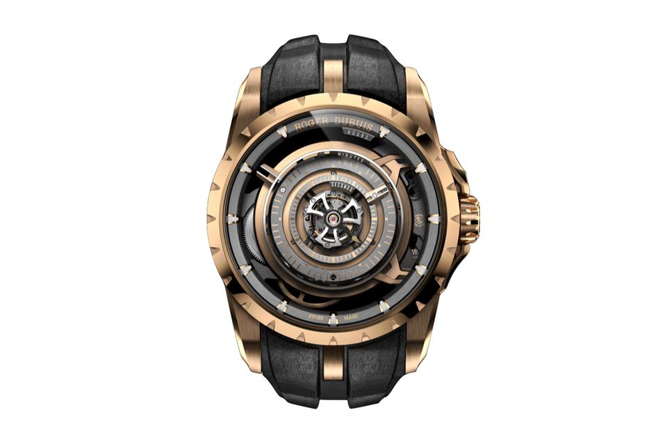 „Orbis in Machina Central Monotourbillon“; skelettiertes Zifferblatt auf mehreren Ebenen; mittiges Tourbillon; Werkrückseite mit 19 Techniken dekoriert; Roségold; Durchmesser: 45 mm; circa 200 000 Euro; rogerdubuis.com