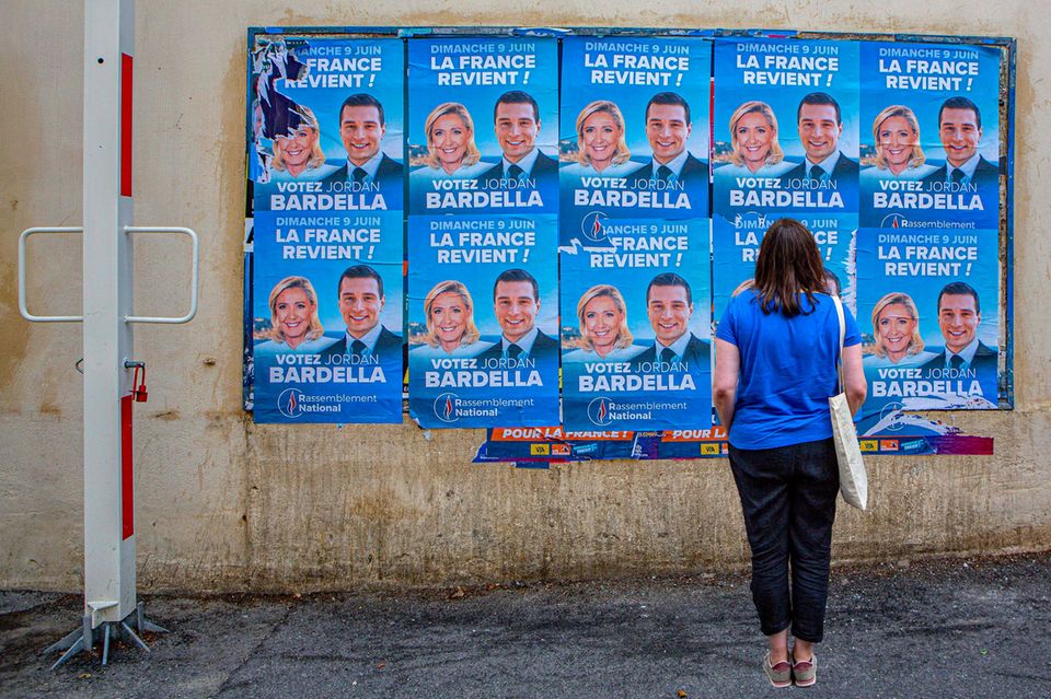 Eine Frau betrachtet Wahlplakate des Rassemblement Nationale