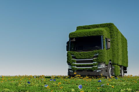 Grüner Lastwagen auf frischer Frühlingswiese mit blauem Himmel im Hintergrund