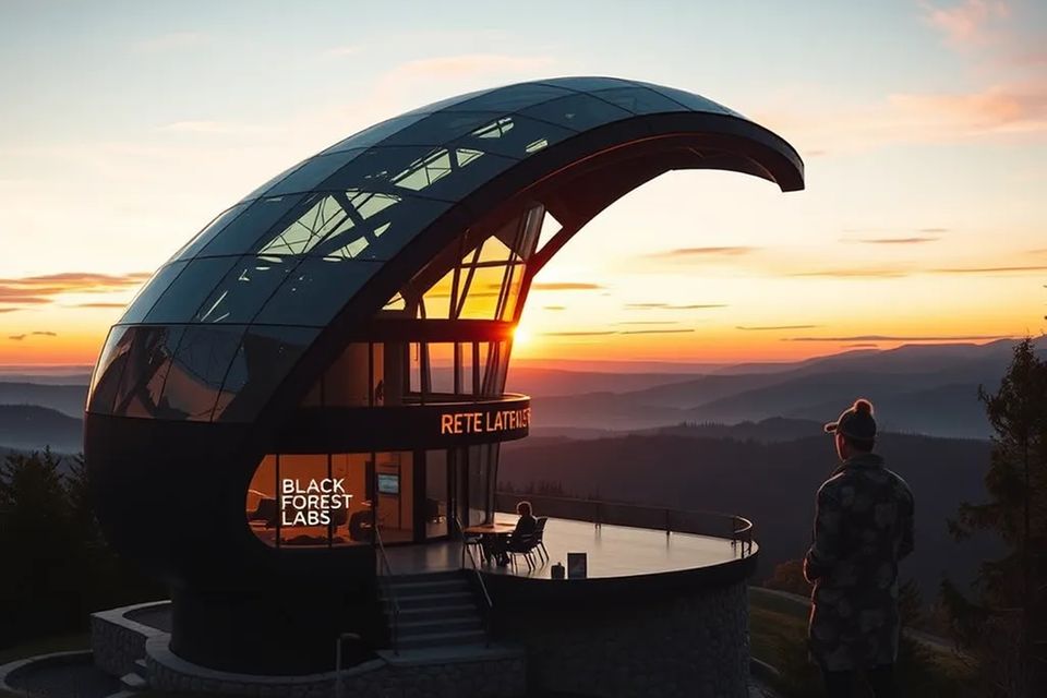 Test des Bildgenerators FLUX.1 mit folgendem Textbefehl: „Zeige die futuristische Firmenzentrale einer Hightech-Firma namens Black Forest Labs, die auf einer Anhöhe mit Aussicht auf den Schwarzwald thront.“