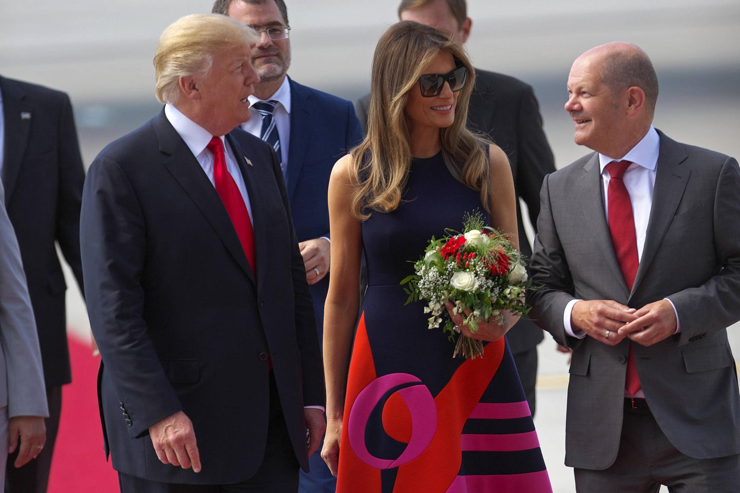 Donald Trump und Melania beim G20-Gipfel 2017 mit Olaf Scholz in Hamburg