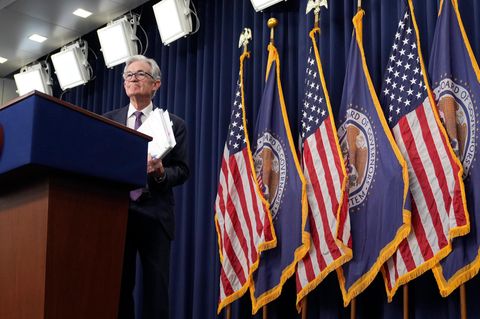 Fed-Chef Jerome Powell bei der Pressekonferenz nach dem Zins-Entscheid