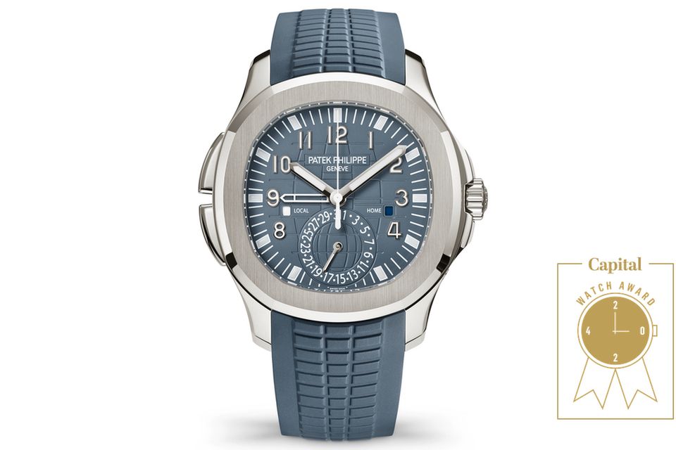 Aquanaut Travel Time Ref. 5164G-001     WAS DIESE UHR BESONDERS AUSZEICHNET: Zum ersten Mal bietet die Genfer Manufaktur diese robuste Reiseuhr in Weißgold an. Wie gewohnt informiert sie stets über die Zeit am Aufenthalts- sowie am Heimatort und durch zwei kleine (Farb-)Fenster auf dem Zifferblatt darüber, wo es jeweils Tag oder Nacht ist. Das Datum ist an die Ortszeit gekoppelt und die Bedienung der Komplikationen sehr bequem. Das Prägedekor in einem Blaugrau-Ton wird nahtlos auf dem Sportarmband mit Weißgoldschließe fortgesetzt.     BASISDATEN (AUSZUG): Kaliber 26-330 S C FUS (Werk), Weißgold (Gehäuse), 40,8 mm Durchmesser, wasserdicht bis 30 m, 35 Stunden Gangreserve.     PREIS: 62.000 Euro