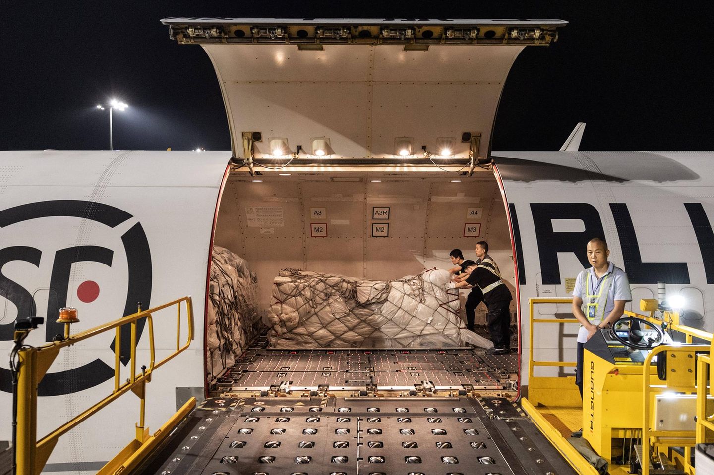 Transport von Frachtgut wird in ein Flugzeug gebracht