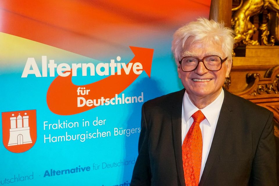 Winfried Stöcker steht vor einem AfD-Plakat und grinst in die Kamera