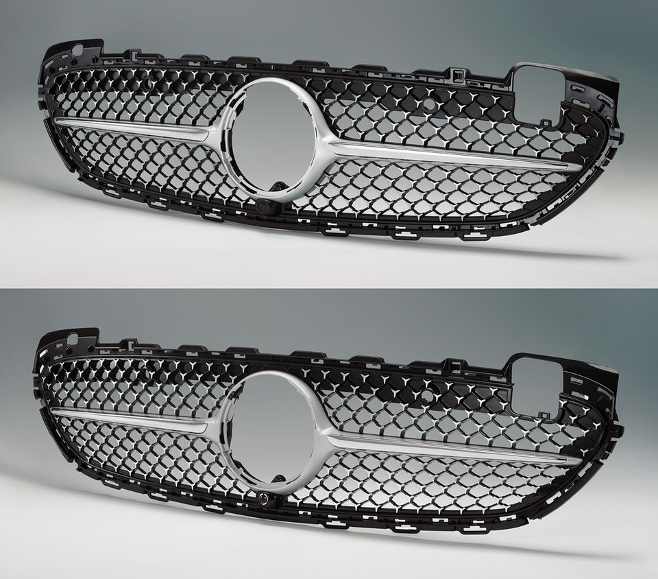 Auch Autoersatzteile sind nicht vor Kopien sicher, so etwa der Kühlergrill von Mercedes-Benz (oben). Kurios: Die Fälschung (unten) eines spanischen Händlers wurde sogar 150 Euro teurer angeboten als das schwäbische Original. Nicht die einzige Fälschung im Sortiment des Händlers: Verletzt werden den Juroren zufolge diverse Bildmarken vom Mercedes-Benz Stern sowie Produktdesigns. Da der Händler auf eine Abmahnung nicht reagierte, hat der Autokonzern eine einstweilige Verfügung durchgesetzt. Der Verkauf wurde inzwischen gestoppt.