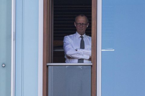 Friedrich Merz steht mit verschränkten Armen an einem Fenster