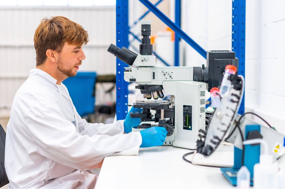 Wissenschaftler, der in einem Krebsforschungslabor Proben unter dem Mikroskop analysiert