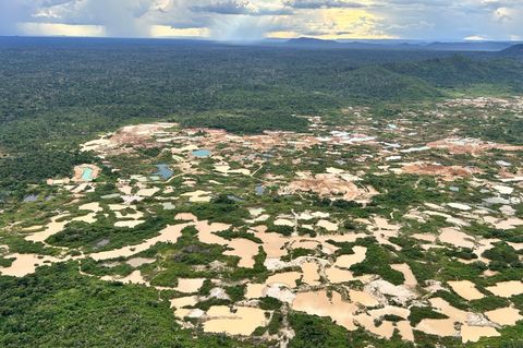Luftaufnahme von abgeholzten Flächen und illegalem Goldabbau in einem Gebiet des Kayapo-Volkes