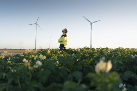 Ingenieur, der in einem Feld an einem Windparkmodell steht