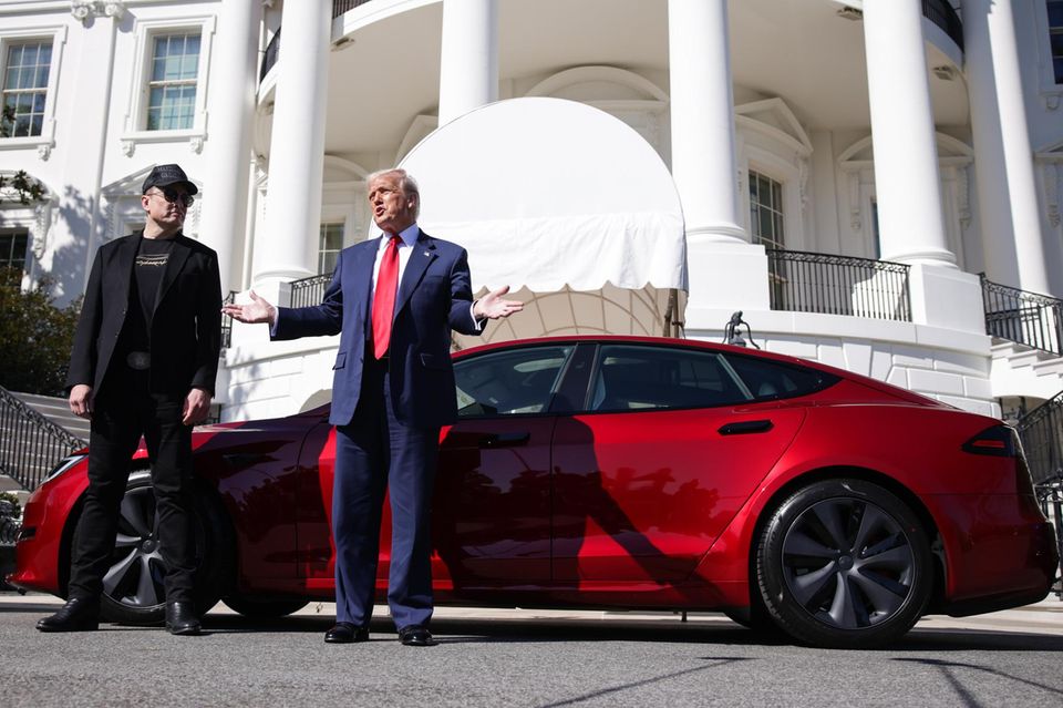 Elon Musk e Donald Trump stanno davanti a una Tesla rossa