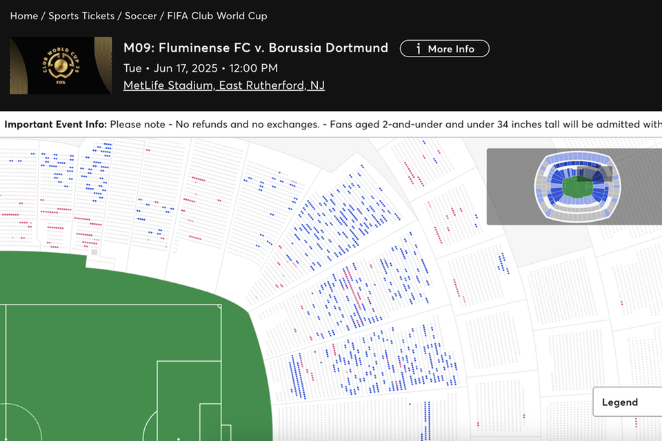 Ein Screenshot von Ticketmaster zeigt noch zahlreiche Tickets bei der Fifa Klub-WM