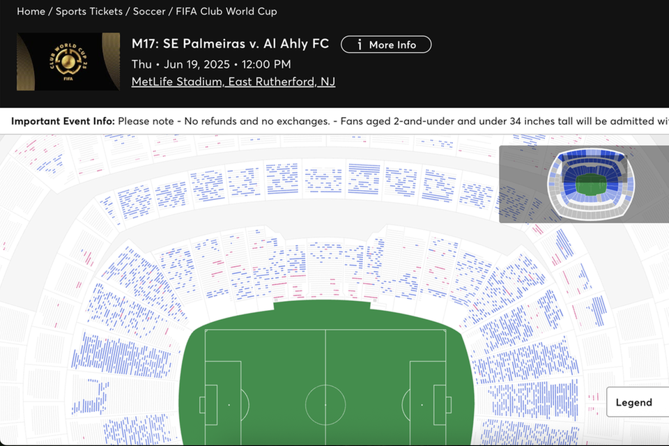 Ein Screenshot von Ticketmaster zeigt die halbleeren Ränge eines Spiels der Fifa Klub-WM