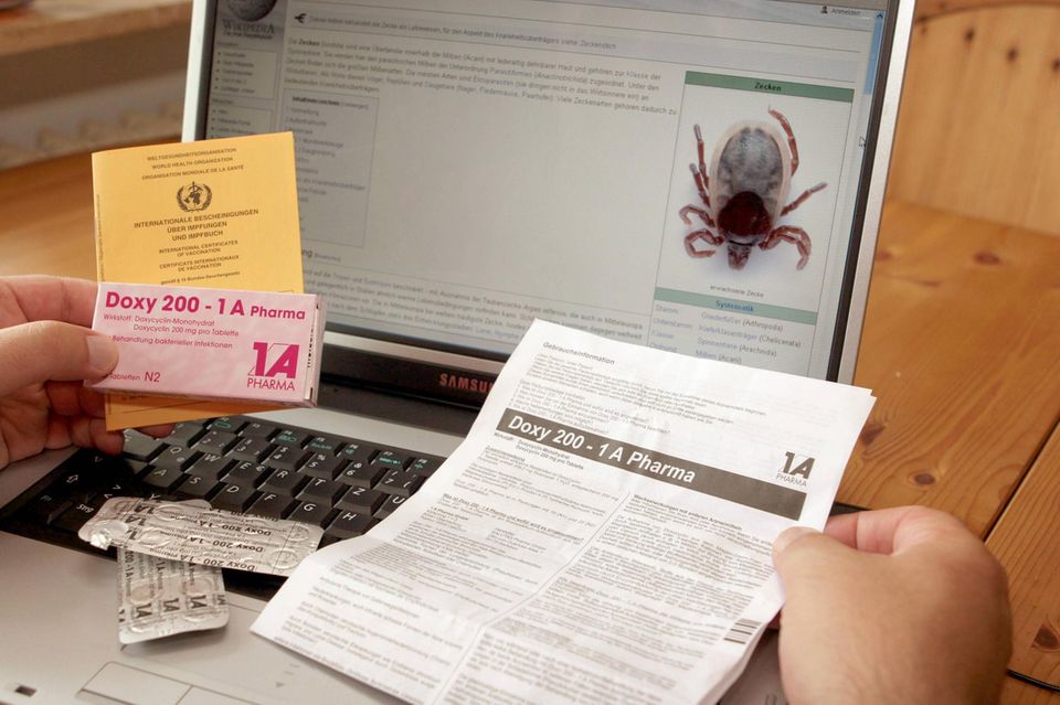 Packung der Arznei Doxy 200-1 A gegen Zeckenbisse und Beipackzettel sowie ein Impfpass