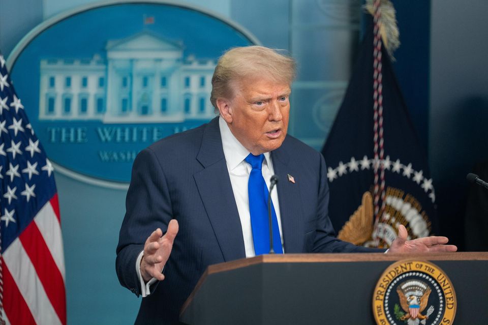 President Donald Trump speaks in the press room of the White House in Washington D.C.