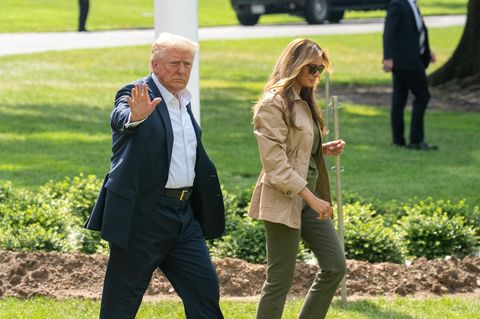 Donald Trump winkt Reportern im Garten des Weißen Hauses
