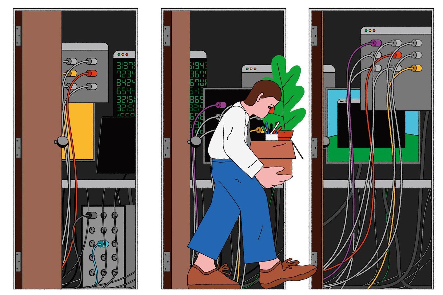 Und tschüss! Künstliche Intelligenz kann den eigenen Job kosten, wenn man nicht mithält. Diese Illustration entstand übrigens mit menschlicher Kreativität. Der chilenische Illustrator Camilo Huinca spendiert seinen Menschen bunte Nasen – als individuelles Markenzeichen