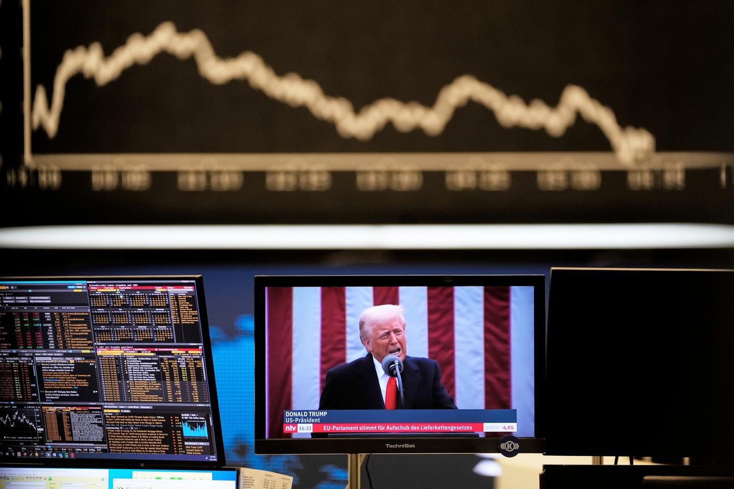 Trump ist auf einem Fernsehbildschirm in der Frankfurter Börse zu sehen