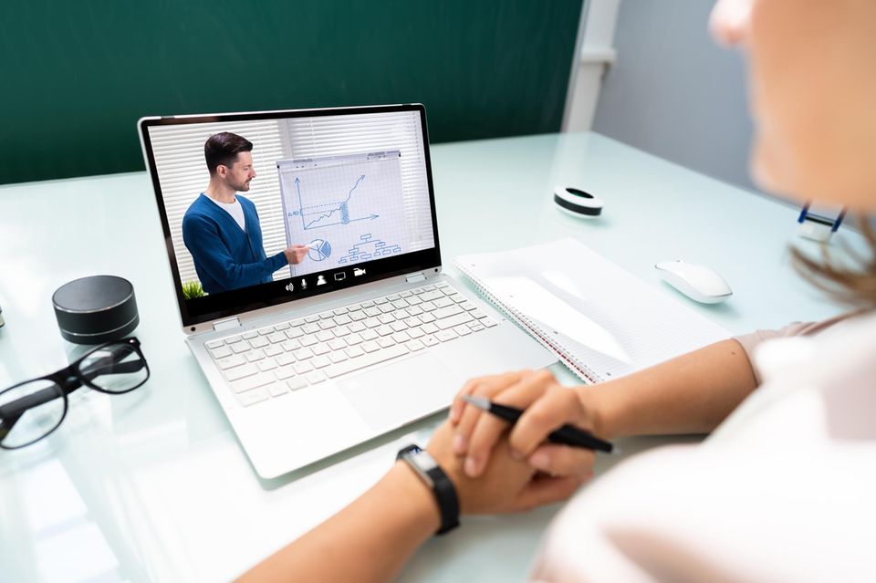 In einem Online-Coaching Webinar erklärt ein Coach etwas mit nichtssagenden Diagrammen
