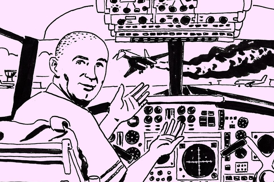 André Turcat in the Concorde cockpit, in front of the spinning TU-144