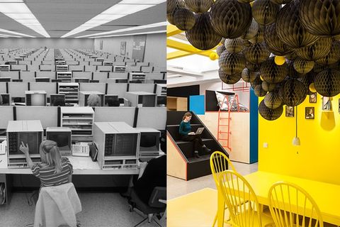 Links: Computerarbeit 1970, rechts: Computerarbeit heute